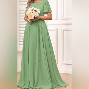 Pomuyoo Mint Green Pleated Adjustable Tie Back Silky Short Sleeve  VNeck Maxi